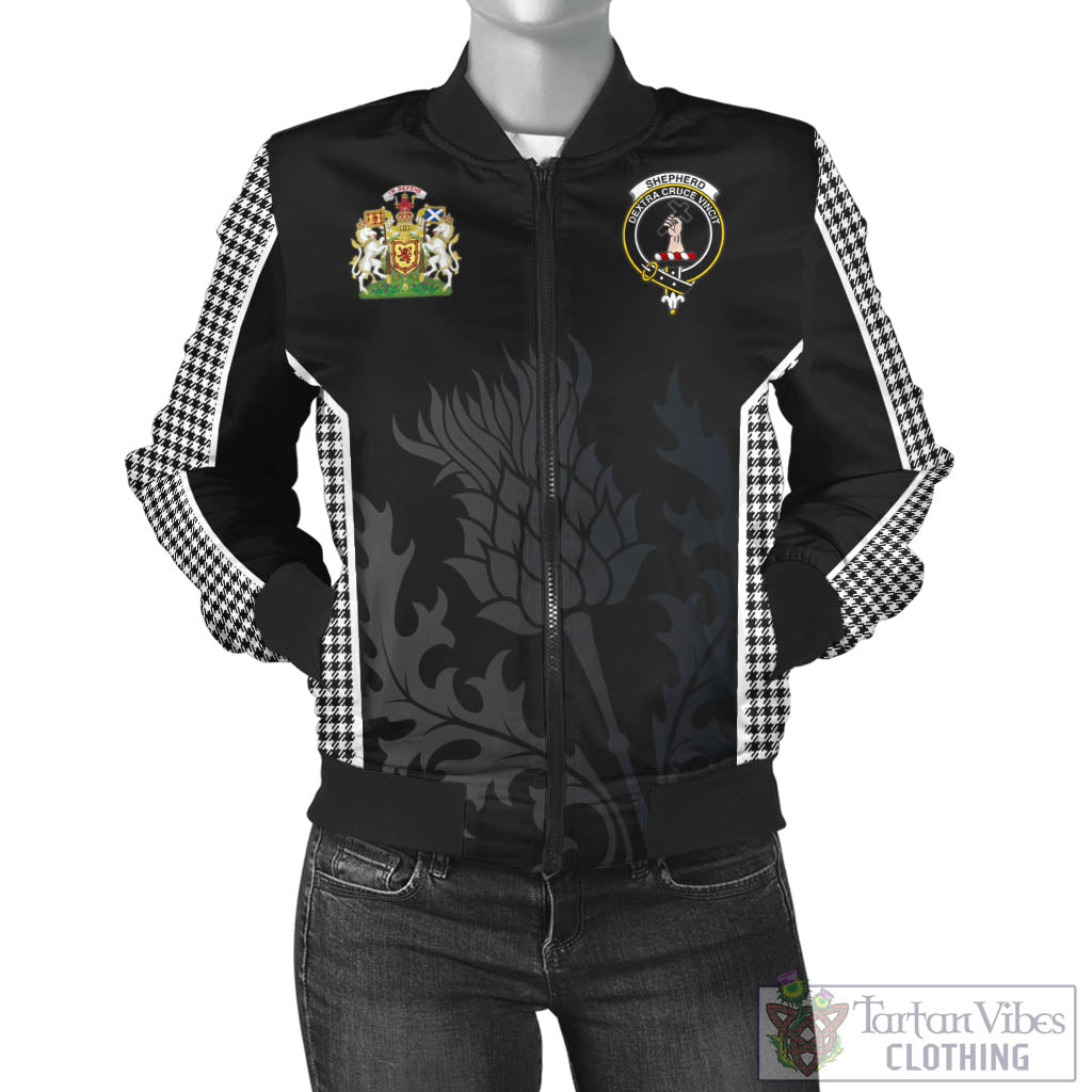 Tartan Vibes Clothing Shepherd Tartan Bomber Jacket with Family Crest and Scottish Thistle Vibes Sport Style