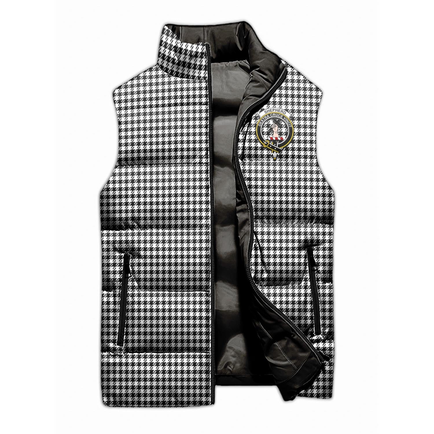Shepherd Tartan Sleeveless Puffer Jacket with Family Crest - Tartanvibesclothing