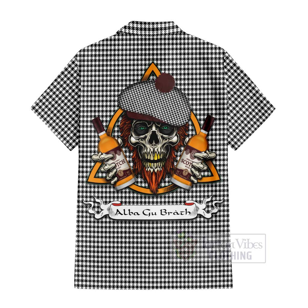 Tartan Vibes Clothing Shepherd Tartan Short Sleeve Button Shirt with Family Crest and Bearded Skull Holding Bottles of Whiskey