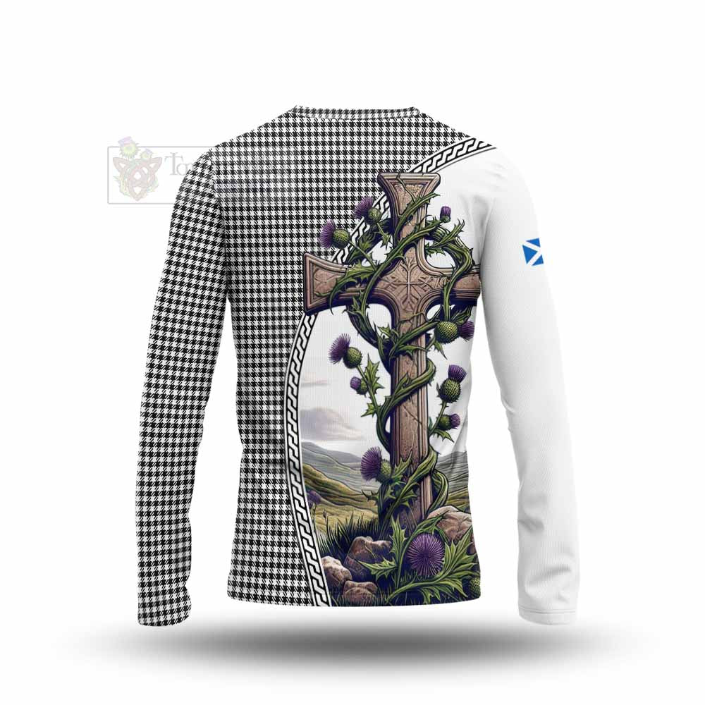 Tartan Vibes Clothing Shepherd Tartan Long Sleeve T-Shirt with Family Crest and St. Andrew's Cross Accented by Thistle Vines