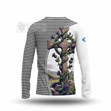 Shepherd Tartan Long Sleeve T-Shirt with Family Crest and St. Andrew's Cross Accented by Thistle Vines