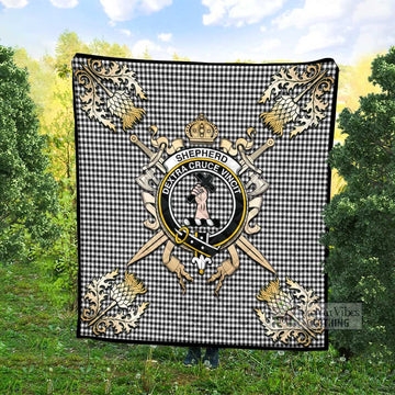 Shepherd Tartan Quilt with Family Crest and Scottish Golden Courage Shield