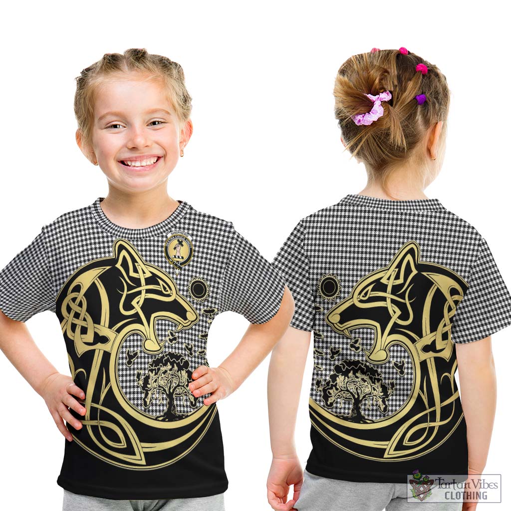 Tartan Vibes Clothing Shepherd Tartan Kid T-Shirt with Family Crest Celtic Wolf Style