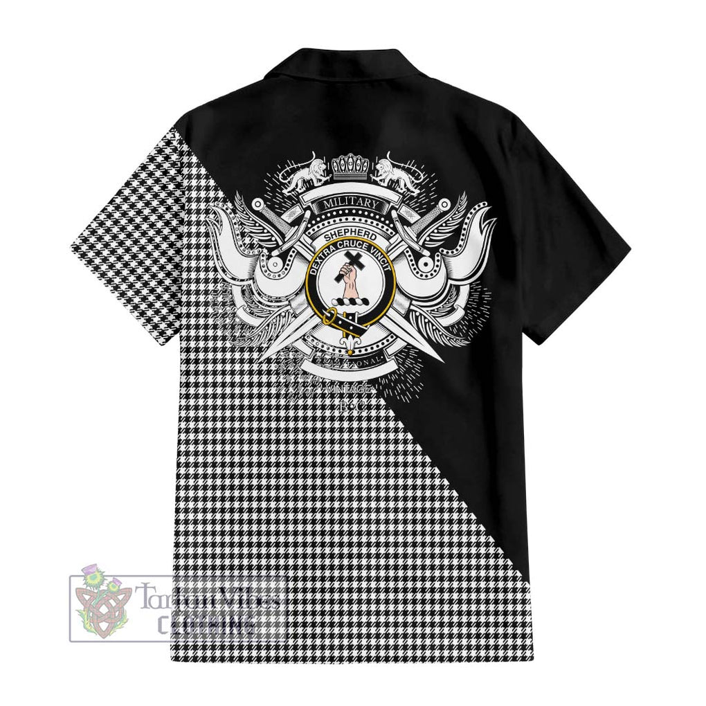 Shepherd Tartan Short Sleeve Button Shirt with Family Crest and Military Logo Style - Tartanvibesclothing Shop