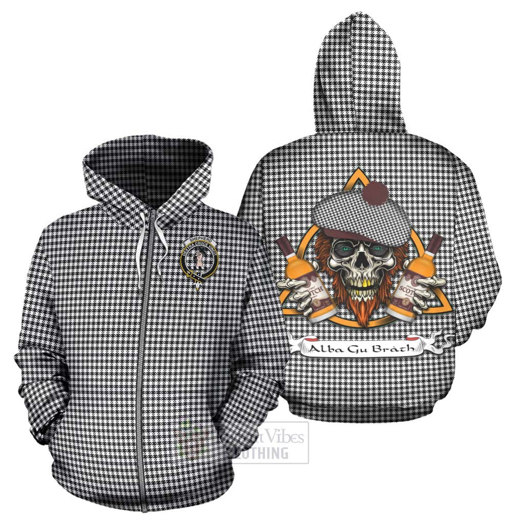 Tartan Vibes Clothing Shepherd Tartan Hoodie with Family Crest and Bearded Skull Holding Bottles of Whiskey