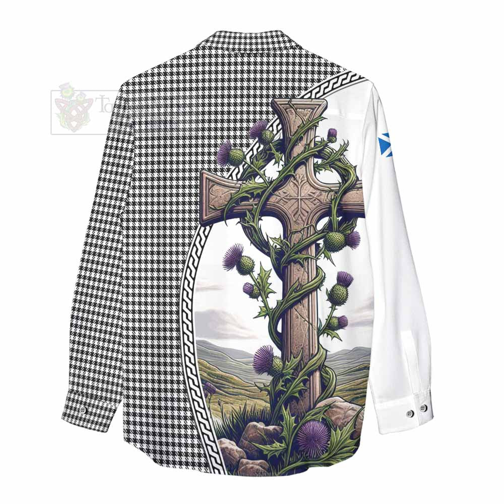 Tartan Vibes Clothing Shepherd Tartan Women's Casual Shirt with Family Crest and St. Andrew's Cross Accented by Thistle Vines