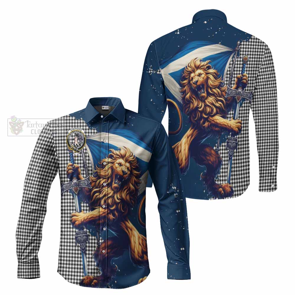 Tartan Vibes Clothing Shepherd Tartan Family Crest Long Sleeve Button Shirt with Scottish Majestic Lion