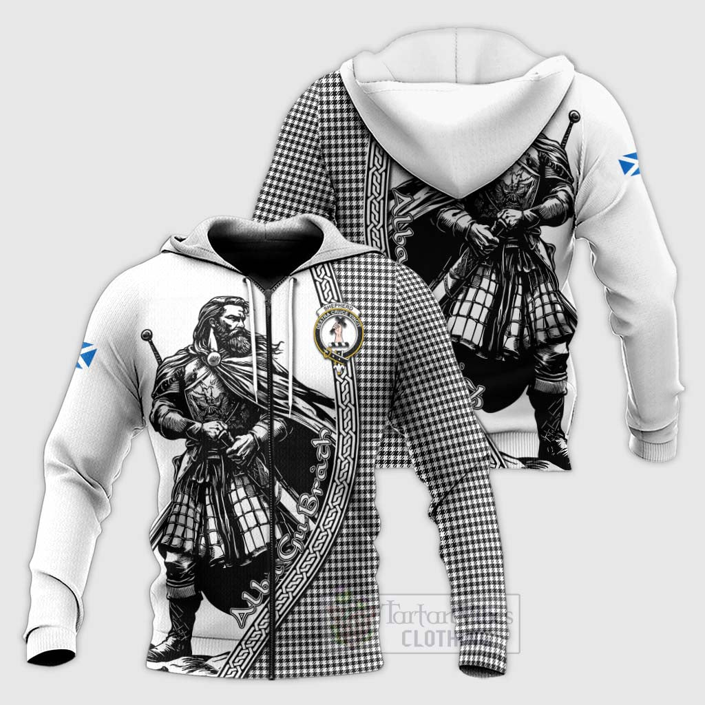 Tartan Vibes Clothing Shepherd Tartan Clan Crest Knitted Hoodie with Highlander Warrior Celtic Style