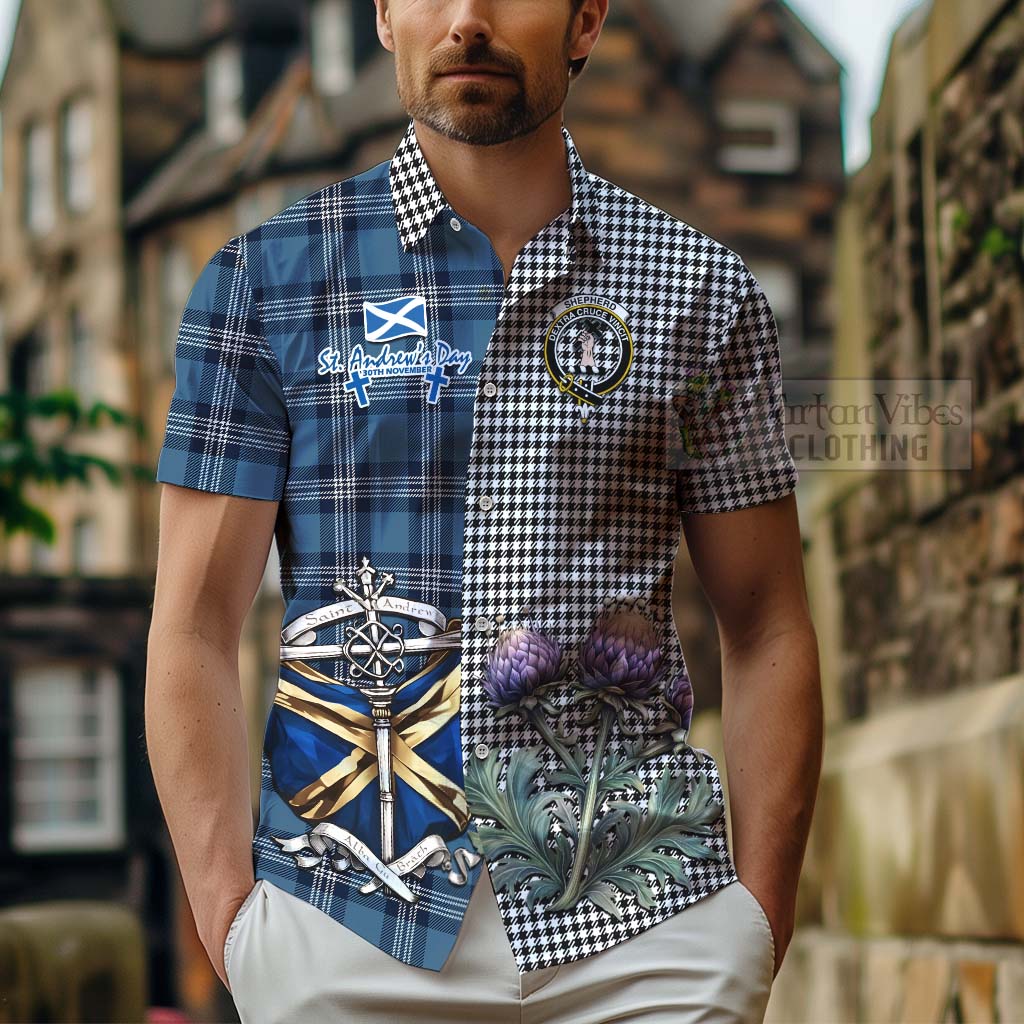 Tartan Vibes Clothing Shepherd Tartan Short Sleeve Button Shirt Happy St. Andrew's Day Half Tartan Style