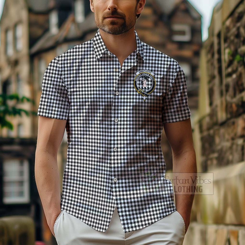 Tartan Vibes Clothing Shepherd Tartan Short Sleeve Button Shirt with Family Crest and Bearded Skull Holding Bottles of Whiskey