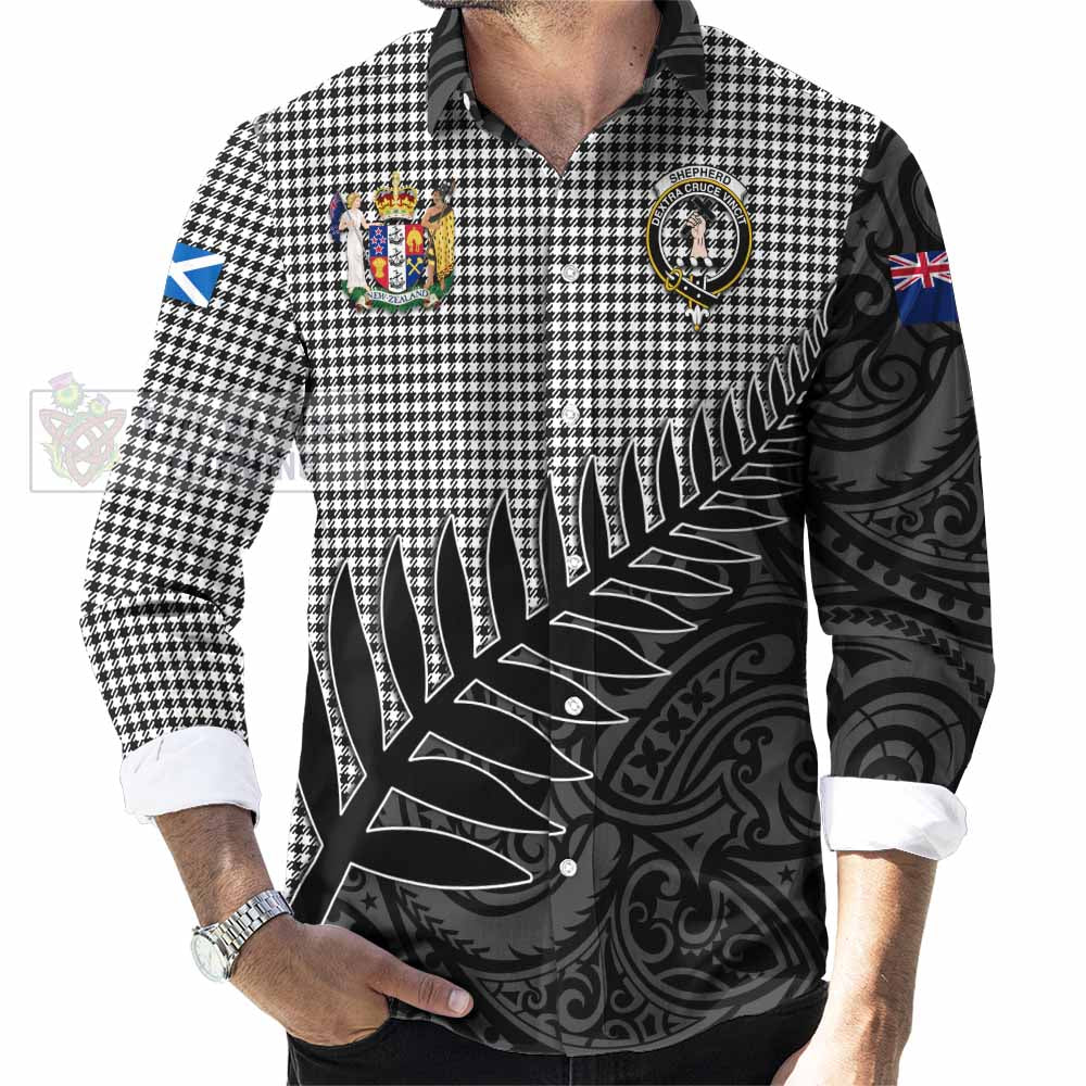 Tartan Vibes Clothing Shepherd Crest Tartan Long Sleeve Button Shirt with New Zealand Silver Fern Half Style