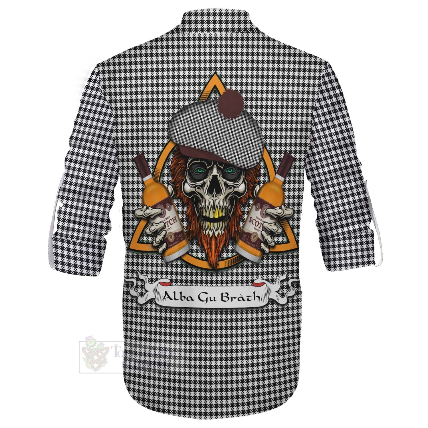 Tartan Vibes Clothing Shepherd Tartan Ghillie Kilt Shirt with Family Crest and Bearded Skull Holding Bottles of Whiskey