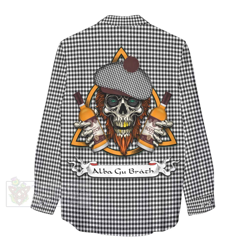 Tartan Vibes Clothing Shepherd Tartan Women's Casual Shirt with Family Crest and Bearded Skull Holding Bottles of Whiskey