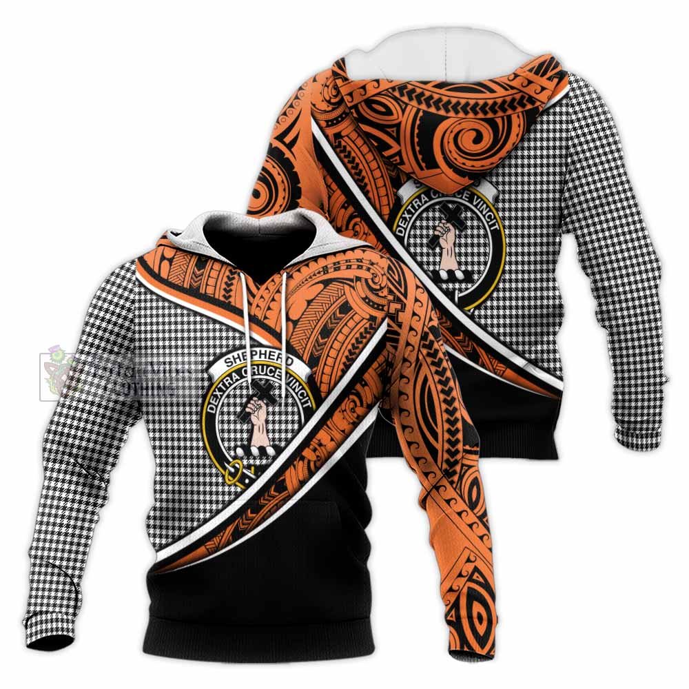 Tartan Vibes Clothing Shepherd Crest Tartan Knitted Hoodie with Maori Tattoo Style - Orange Version