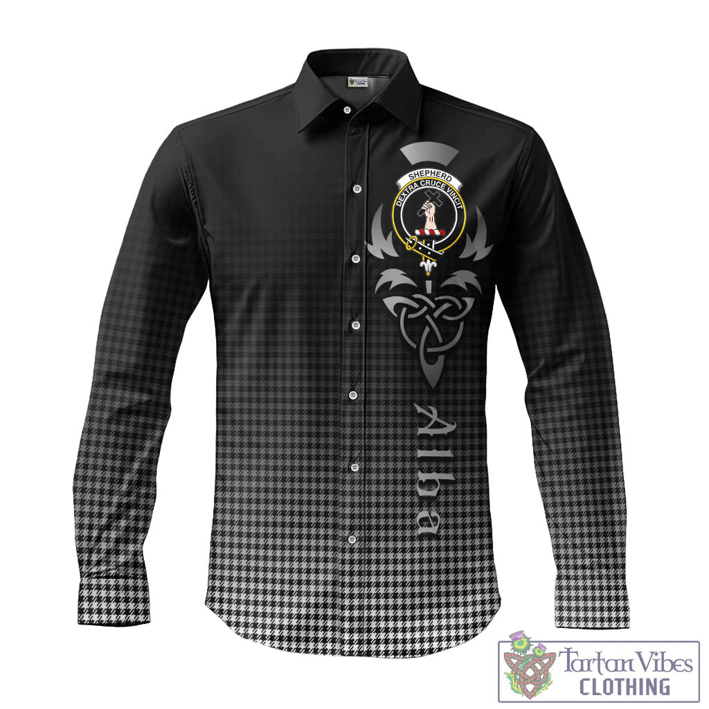 Tartan Vibes Clothing Shepherd Tartan Long Sleeve Button Up Featuring Alba Gu Brath Family Crest Celtic Inspired