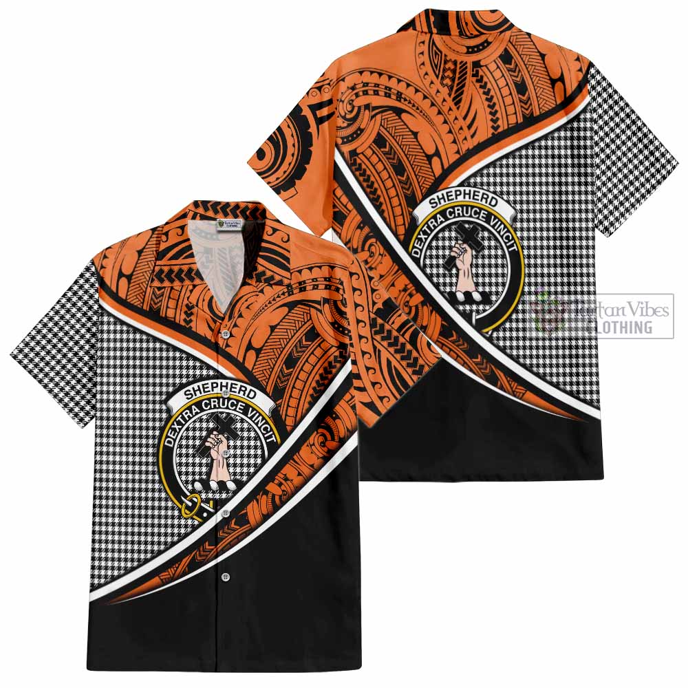 Tartan Vibes Clothing Shepherd Crest Tartan Short Sleeve Button Shirt with Maori Tattoo Style - Orange Version