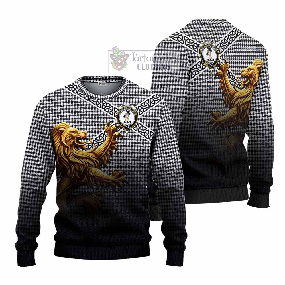 Shepherd Crest Tartan Knitted Sweater with Golden Lion Emblem Celtic Style - Tartan Vibes Clothing