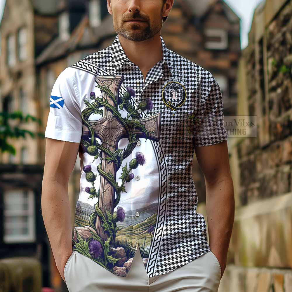 Tartan Vibes Clothing Shepherd Tartan Short Sleeve Button Shirt with Family Crest and St. Andrew's Cross Accented by Thistle Vines