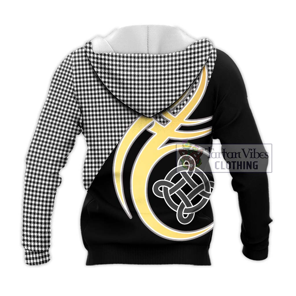 Tartan Vibes Clothing Shepherd Tartan Knitted Hoodie with Family Crest and Celtic Symbol Style
