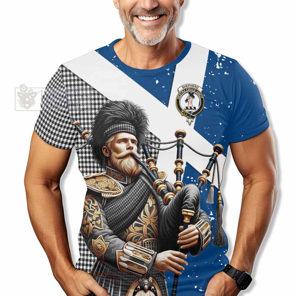 Tartan Vibes Clothing Shepherd Tartan T-Shirt with Family Crest Scottish Bagpiper Vibes