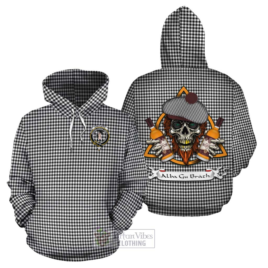 Tartan Vibes Clothing Shepherd Tartan Cotton Hoodie with Family Crest and Bearded Skull Holding Bottles of Whiskey