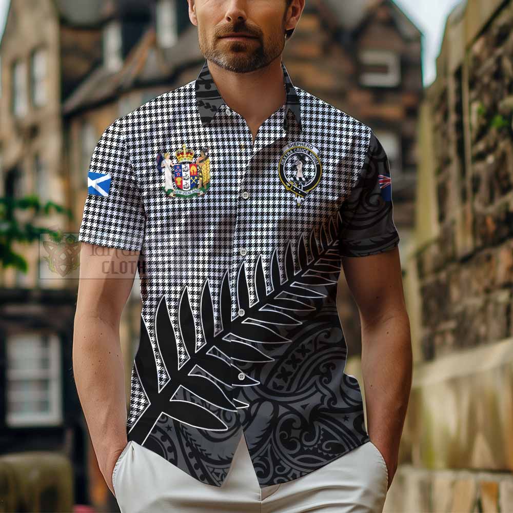 Tartan Vibes Clothing Shepherd Crest Tartan Short Sleeve Button Shirt with New Zealand Silver Fern Half Style