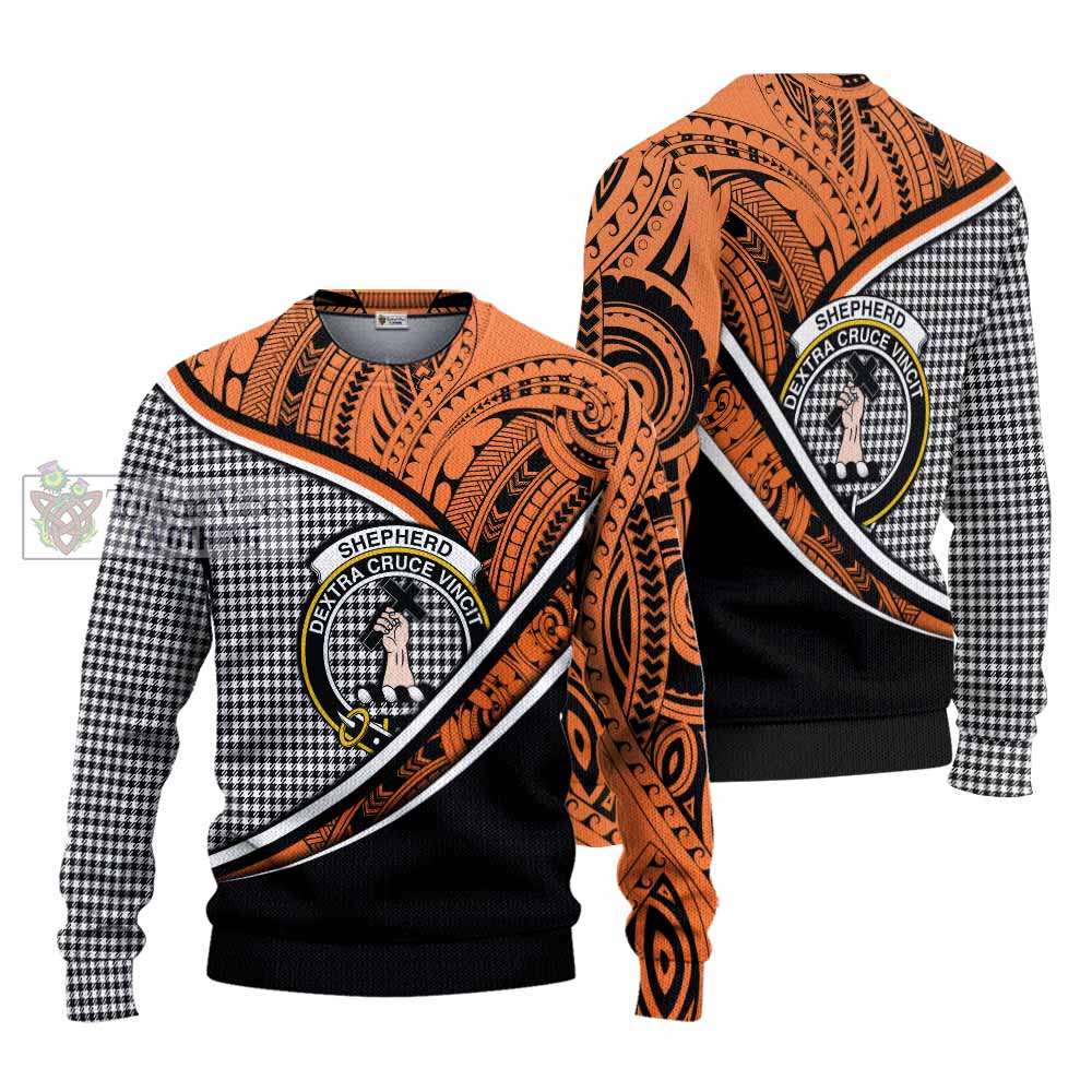 Tartan Vibes Clothing Shepherd Crest Tartan Knitted Sweater with Maori Tattoo Style - Orange Version