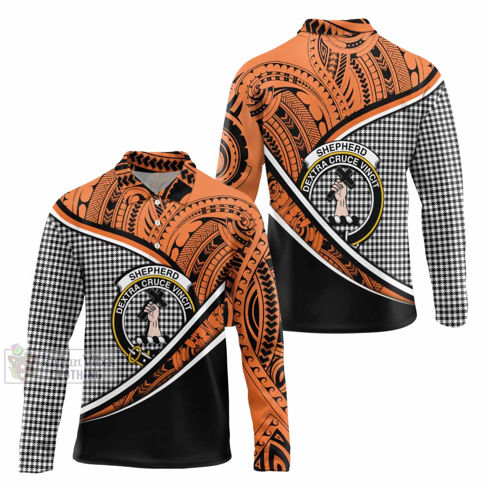 Tartan Vibes Clothing Shepherd Crest Tartan Long Sleeve Polo Shirt with Maori Tattoo Style - Orange Version