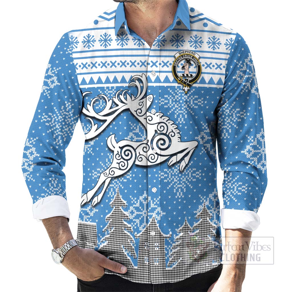 Tartan Vibes Clothing Shepherd Clan Christmas Long Sleeve Button Shirt Celtic Reindeer Style