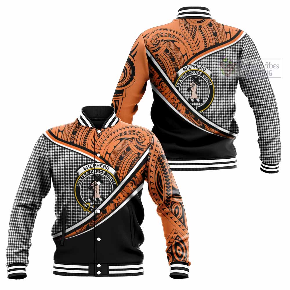 Tartan Vibes Clothing Shepherd Crest Tartan Baseball Jacket with Maori Tattoo Style - Orange Version