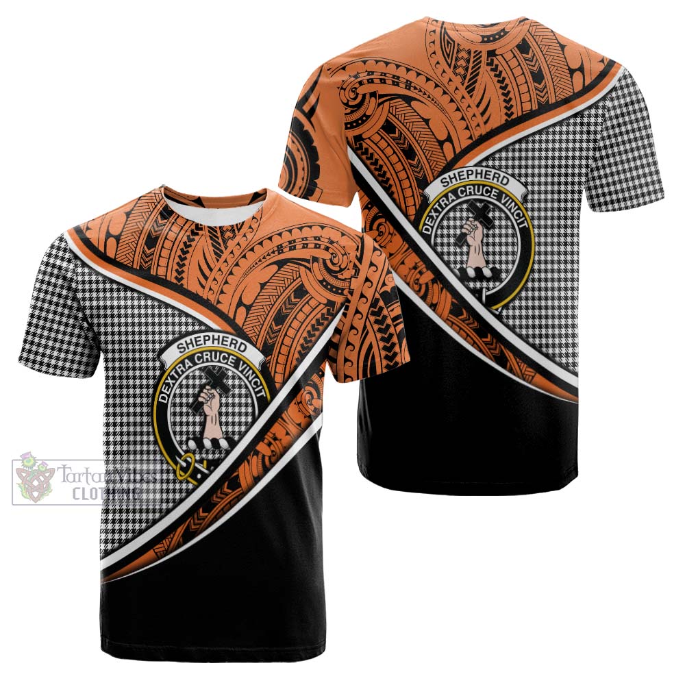 Tartan Vibes Clothing Shepherd Crest Tartan Cotton T-shirt with Maori Tattoo Style - Orange Version