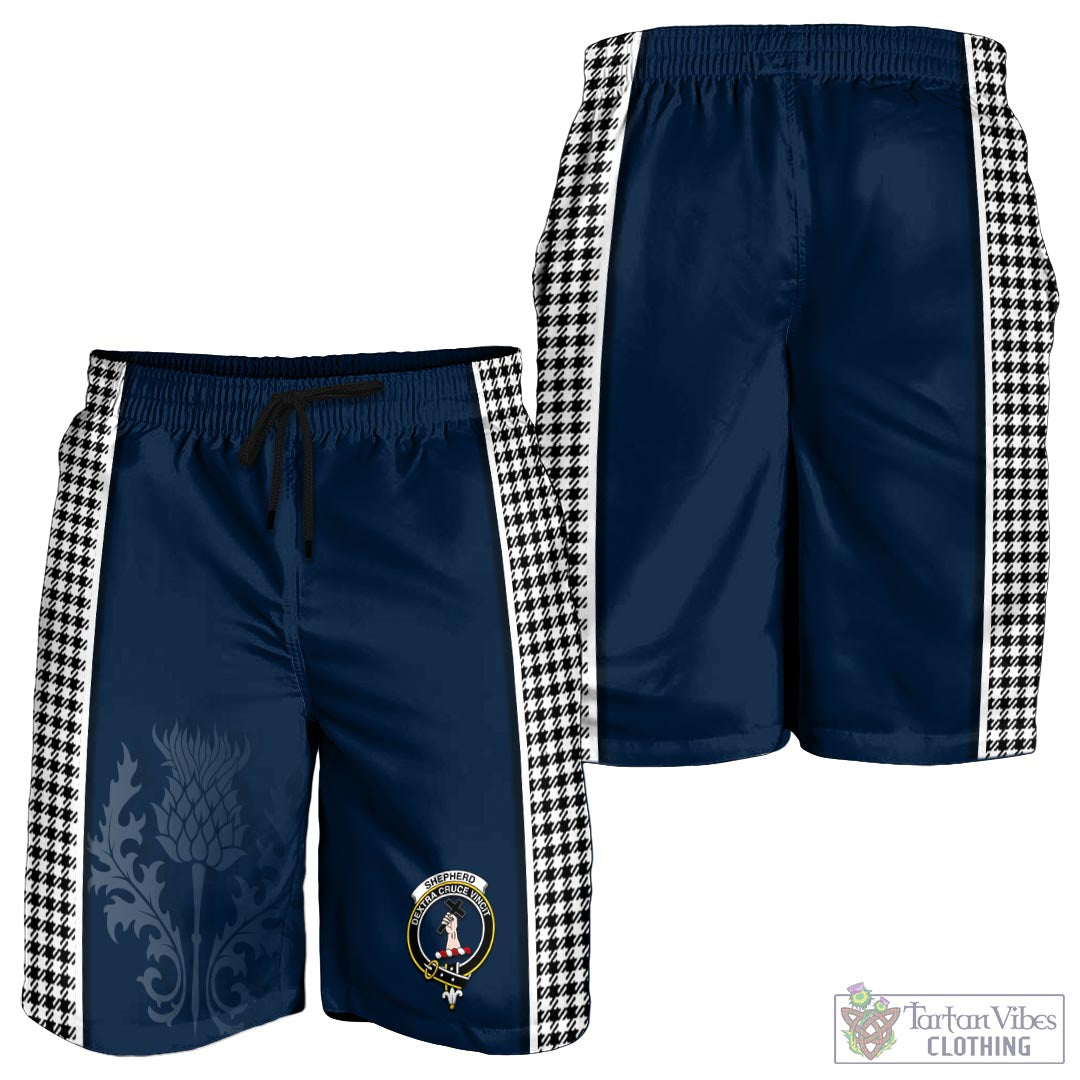 Tartan Vibes Clothing Shepherd Tartan Men's Shorts with Family Crest and Scottish Thistle Vibes Sport Style