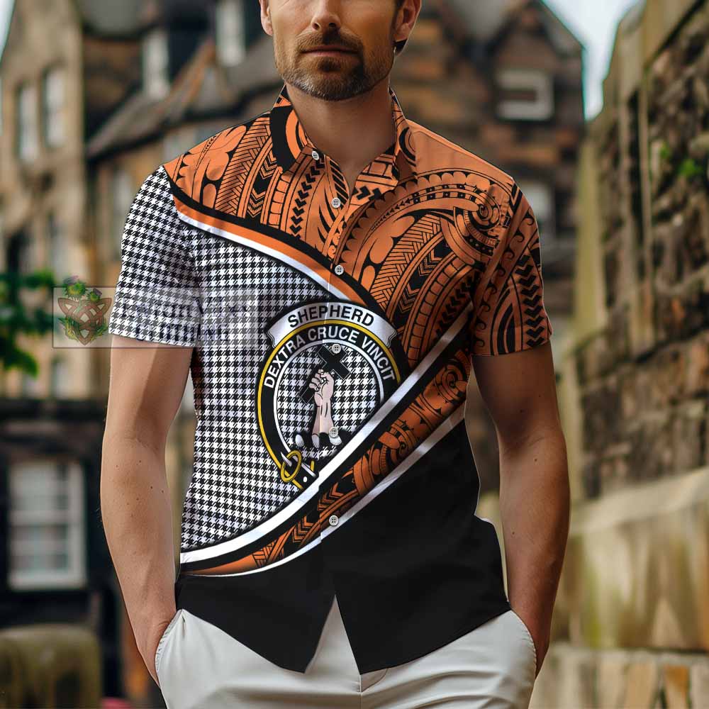 Tartan Vibes Clothing Shepherd Crest Tartan Short Sleeve Button Shirt with Maori Tattoo Style - Orange Version