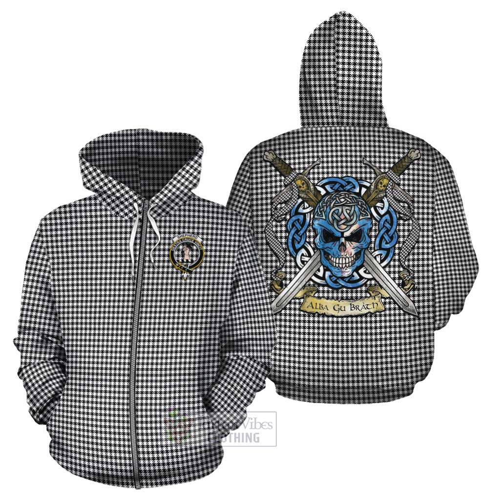 Tartan Vibes Clothing Shepherd Tartan Cotton Hoodie with Family Crest Celtic Skull Style