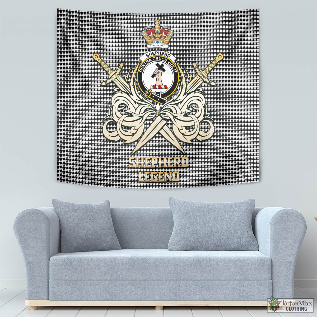 Tartan Vibes Clothing Shepherd Tartan Tapestry with Clan Crest and the Golden Sword of Courageous Legacy