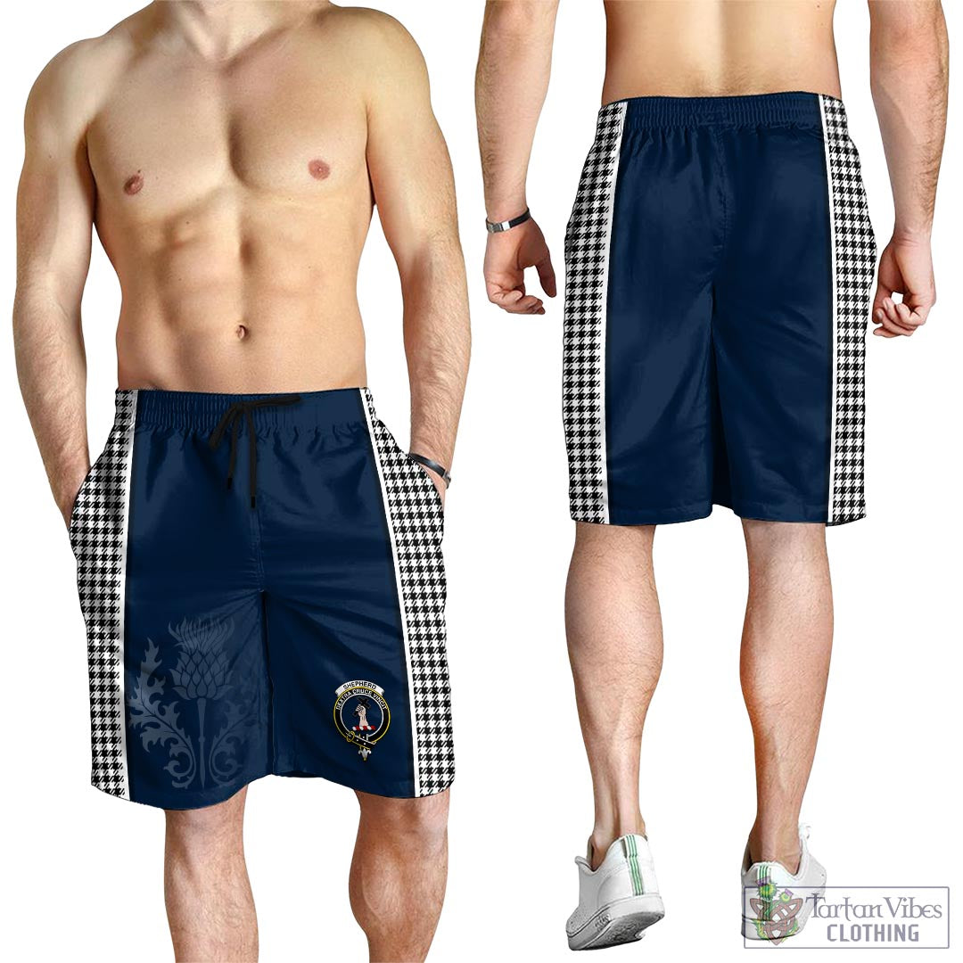 Tartan Vibes Clothing Shepherd Tartan Men's Shorts with Family Crest and Scottish Thistle Vibes Sport Style