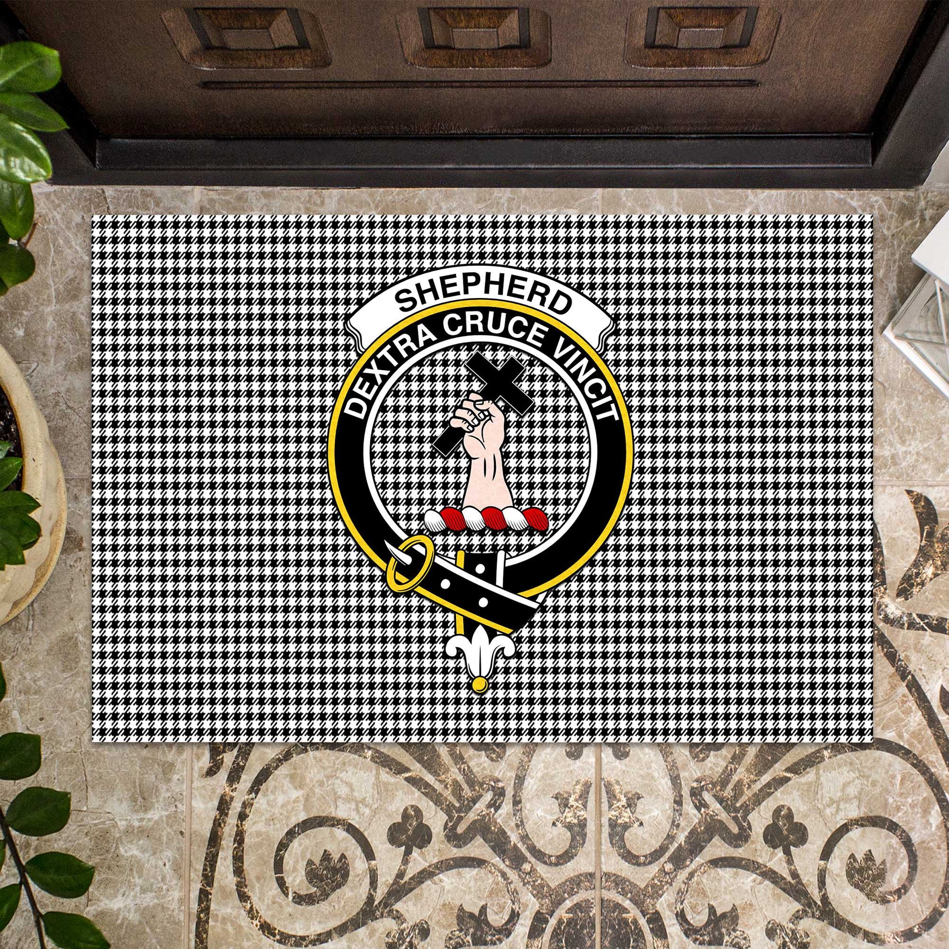 Shepherd Tartan Door Mat with Family Crest - Tartanvibesclothing Shop