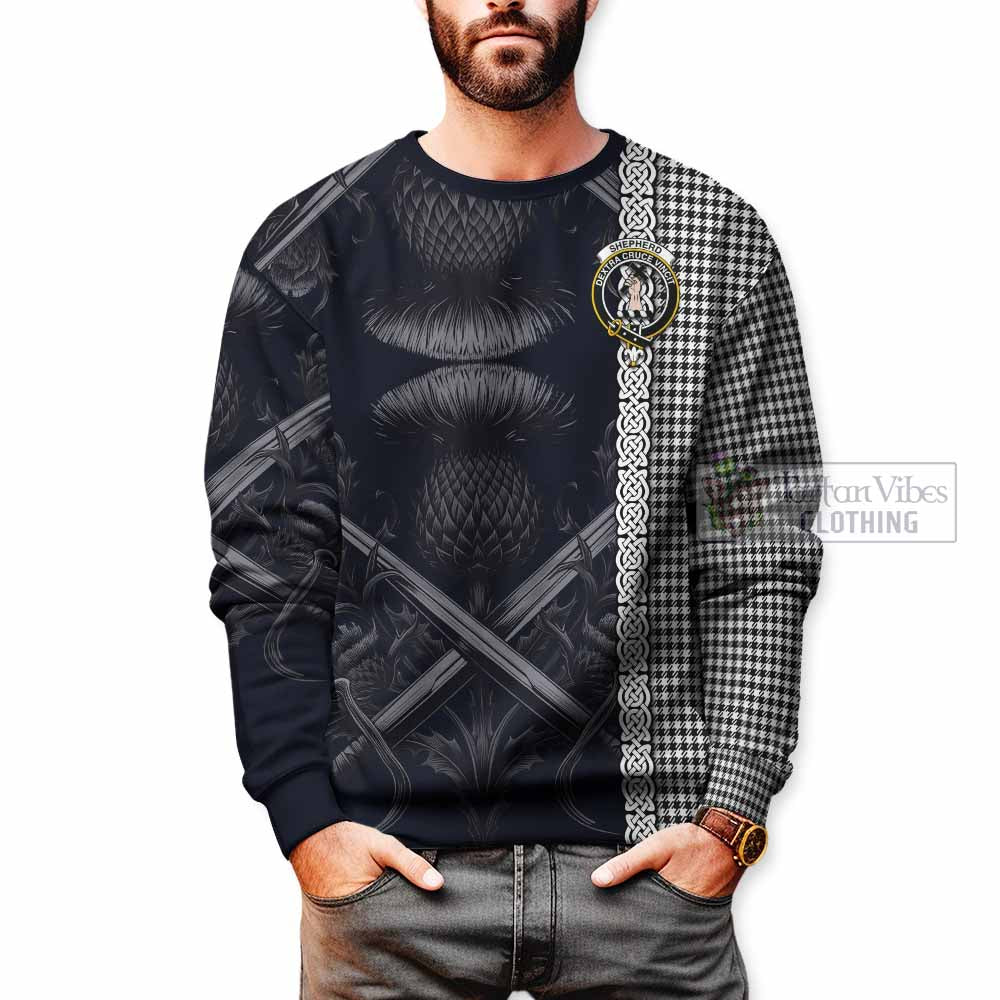 Tartan Vibes Clothing Shepherd Tartan Sweatshirt with Family Crest Cross Sword Thistle Celtic Vibes