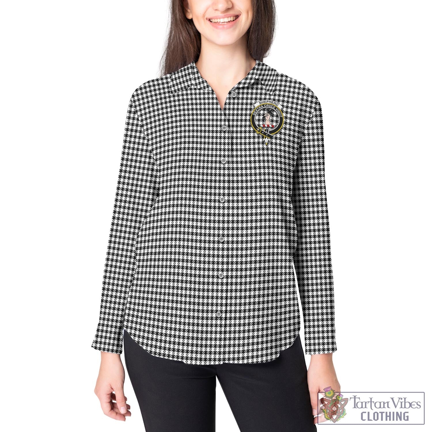 Tartan Vibes Clothing Shepherd Tartan Womens Casual Shirt with Family Crest