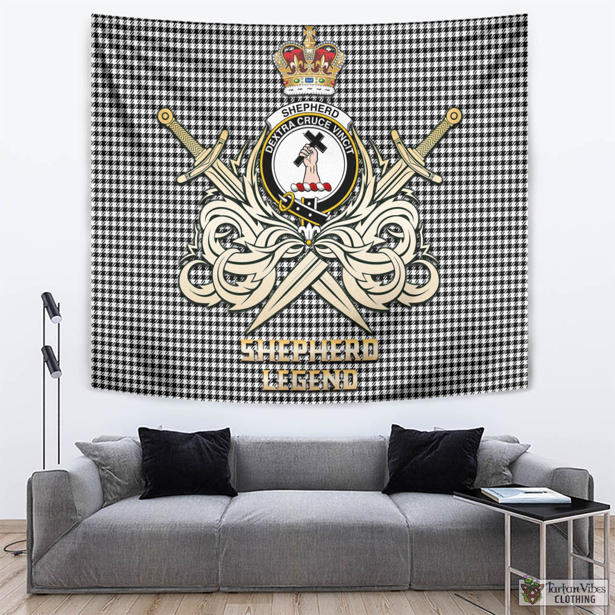 Tartan Vibes Clothing Shepherd Tartan Tapestry with Clan Crest and the Golden Sword of Courageous Legacy