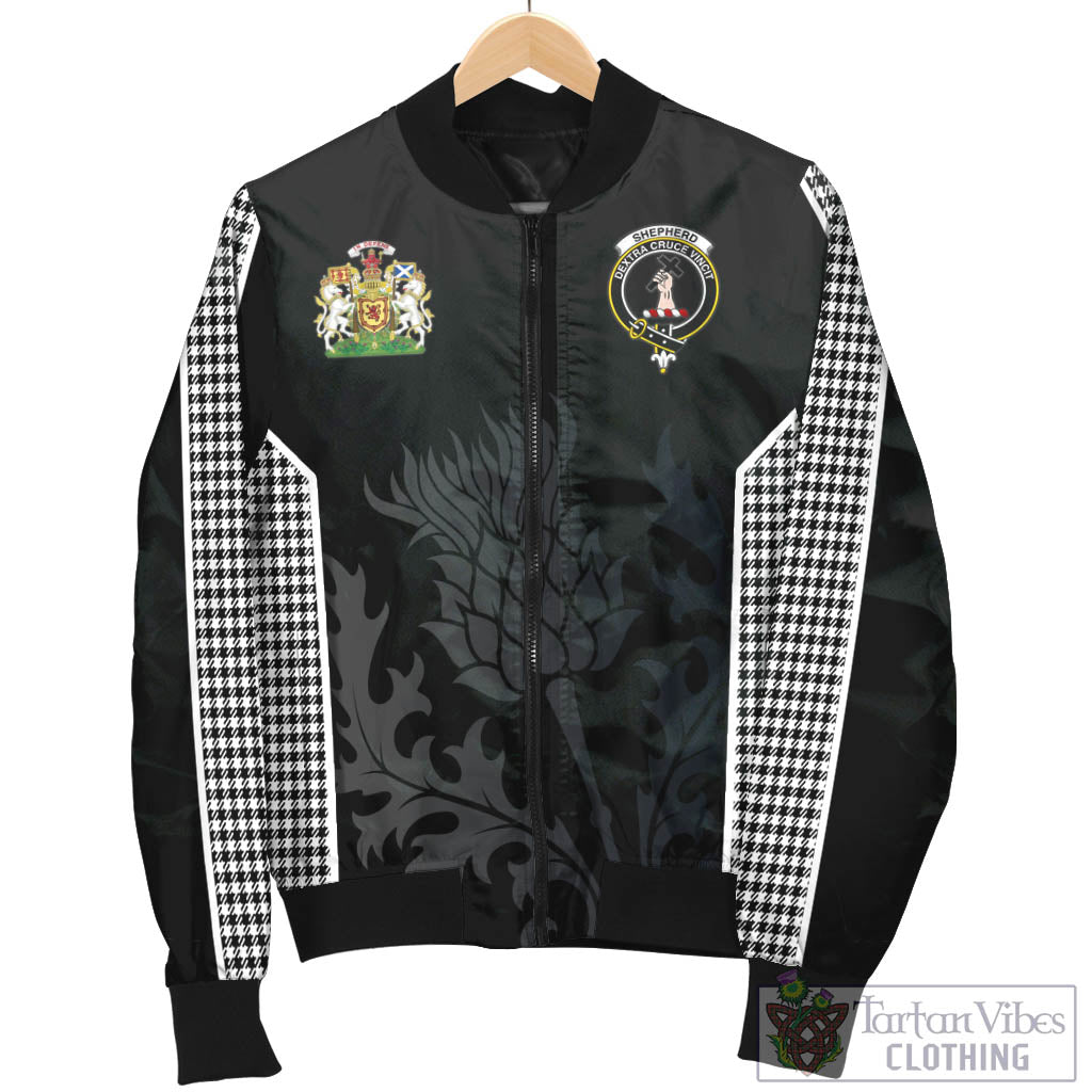 Tartan Vibes Clothing Shepherd Tartan Bomber Jacket with Family Crest and Scottish Thistle Vibes Sport Style