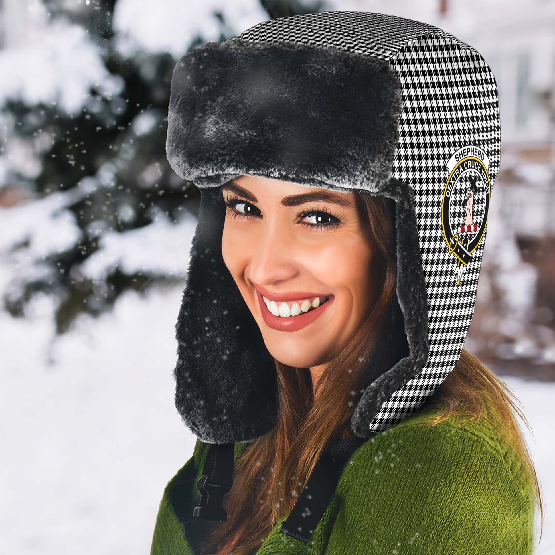 Shepherd Tartan Winter Trapper Hat with Family Crest - Tartanvibesclothing