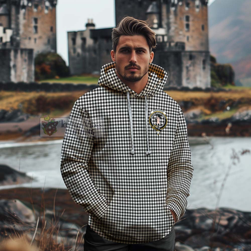 Tartan Vibes Clothing Shepherd Tartan Cotton Hoodie with Family Crest and Bearded Skull Holding Bottles of Whiskey