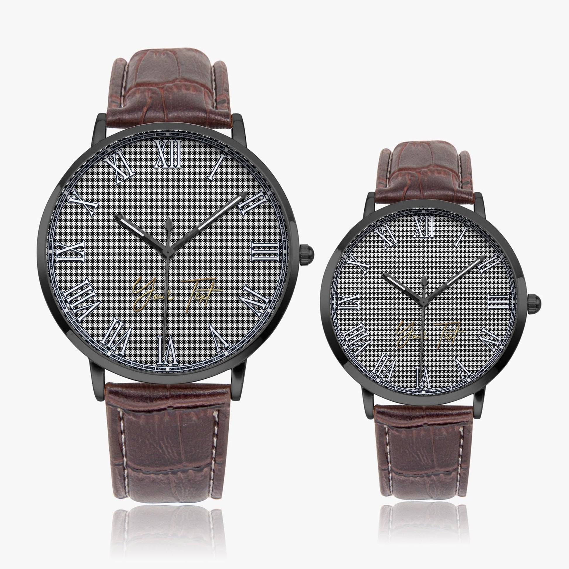 Shepherd Tartan Personalized Your Text Leather Trap Quartz Watch Ultra Thin Black Case With Brown Leather Strap - Tartanvibesclothing