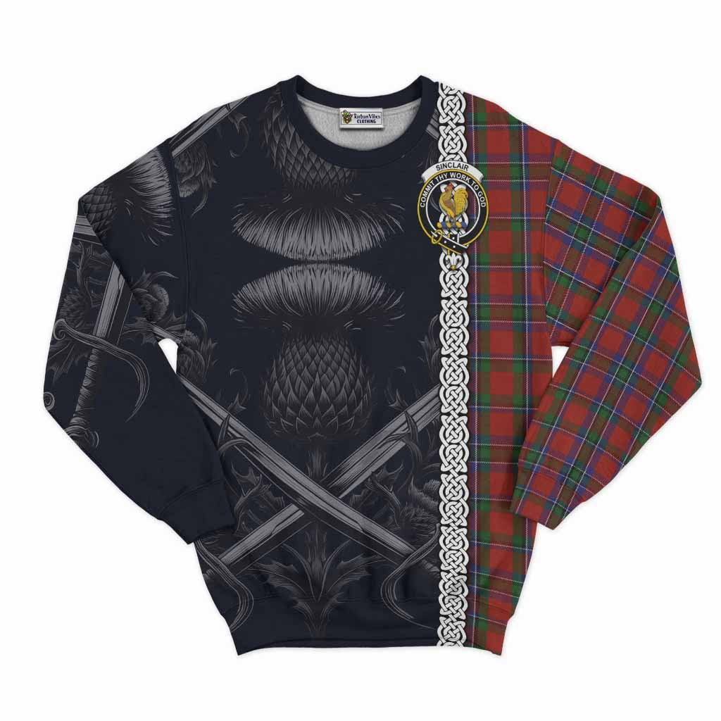 Tartan Vibes Clothing Sinclair Tartan Sweatshirt with Family Crest Cross Sword Thistle Celtic Vibes