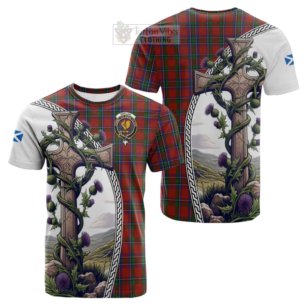 Tartan Vibes Clothing Sinclair Tartan Cotton T-shirt with Family Crest and St. Andrew's Cross Accented by Thistle Vines