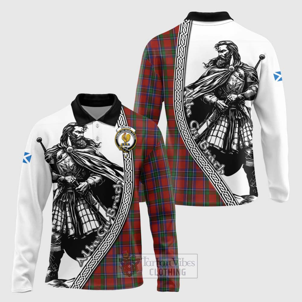 Sinclair Tartan Clan Crest Long Sleeve Polo Shirt with Highlander Warrior Celtic Style Unisex - Tartan Vibes Clothing