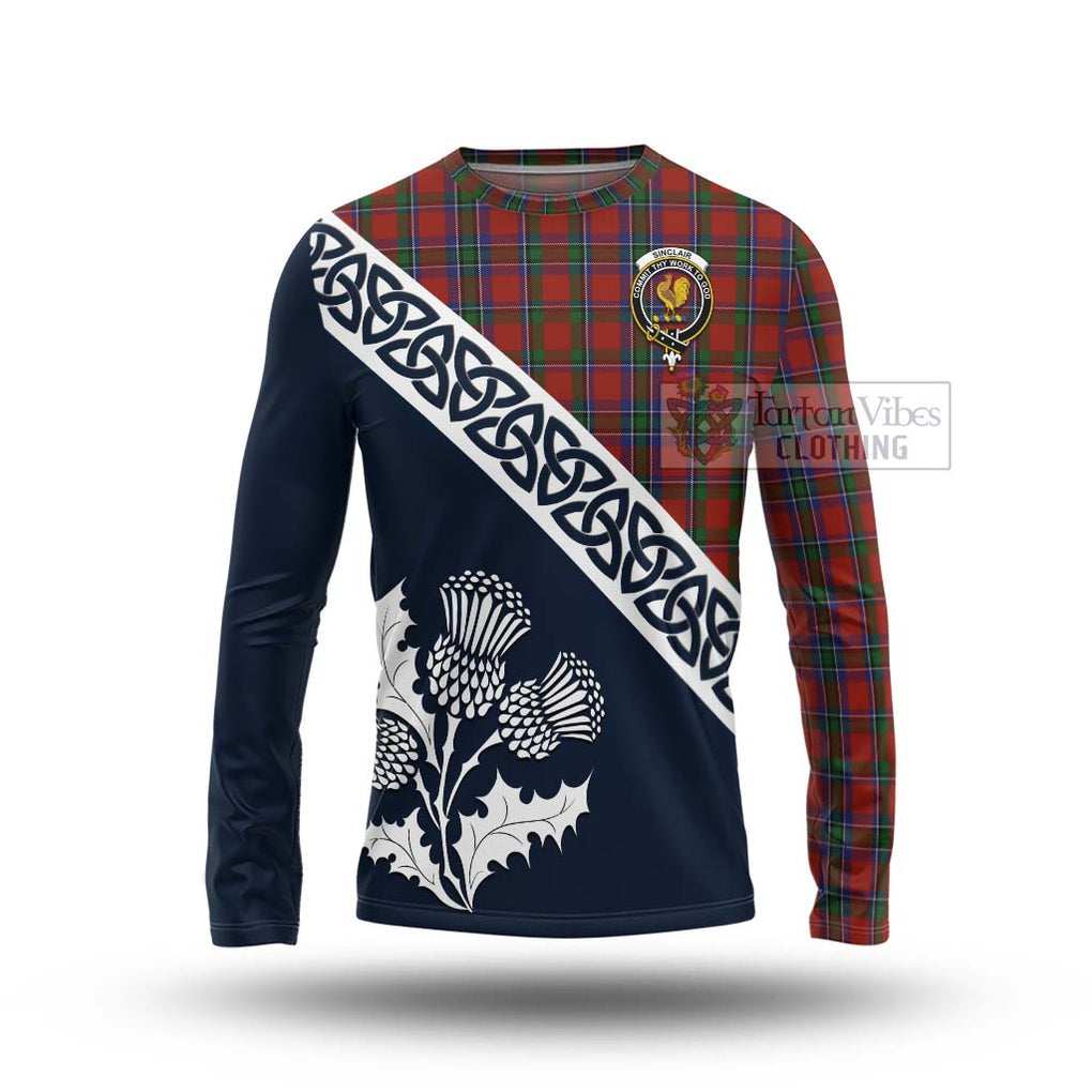 Tartan Vibes Clothing Sinclair Tartan Long Sleeve T-Shirt Featuring Thistle and Scotland Map