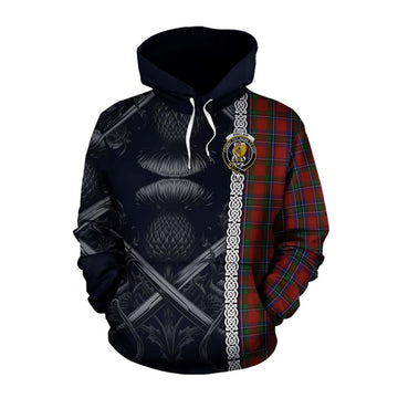 Sinclair Tartan Cotton Hoodie with Family Crest Cross Sword Thistle Celtic Vibes