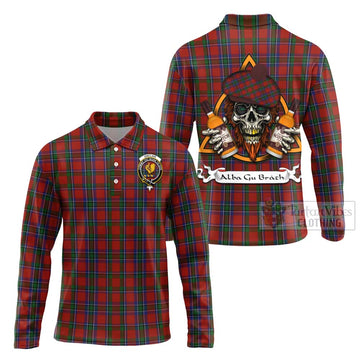 Sinclair Tartan Long Sleeve Polo Shirt with Family Crest and Bearded Skull Holding Bottles of Whiskey Unisex - Tartan Vibes Clothing